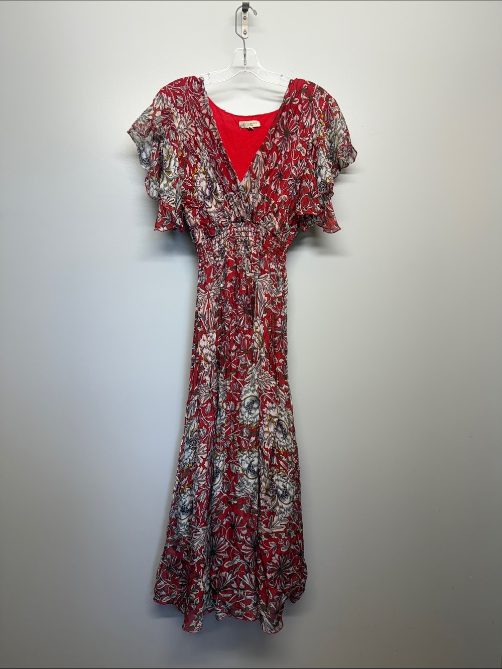 Le Ragazze Silk Red Floral V-Neck Maxi Dress with Flutter Sleeves